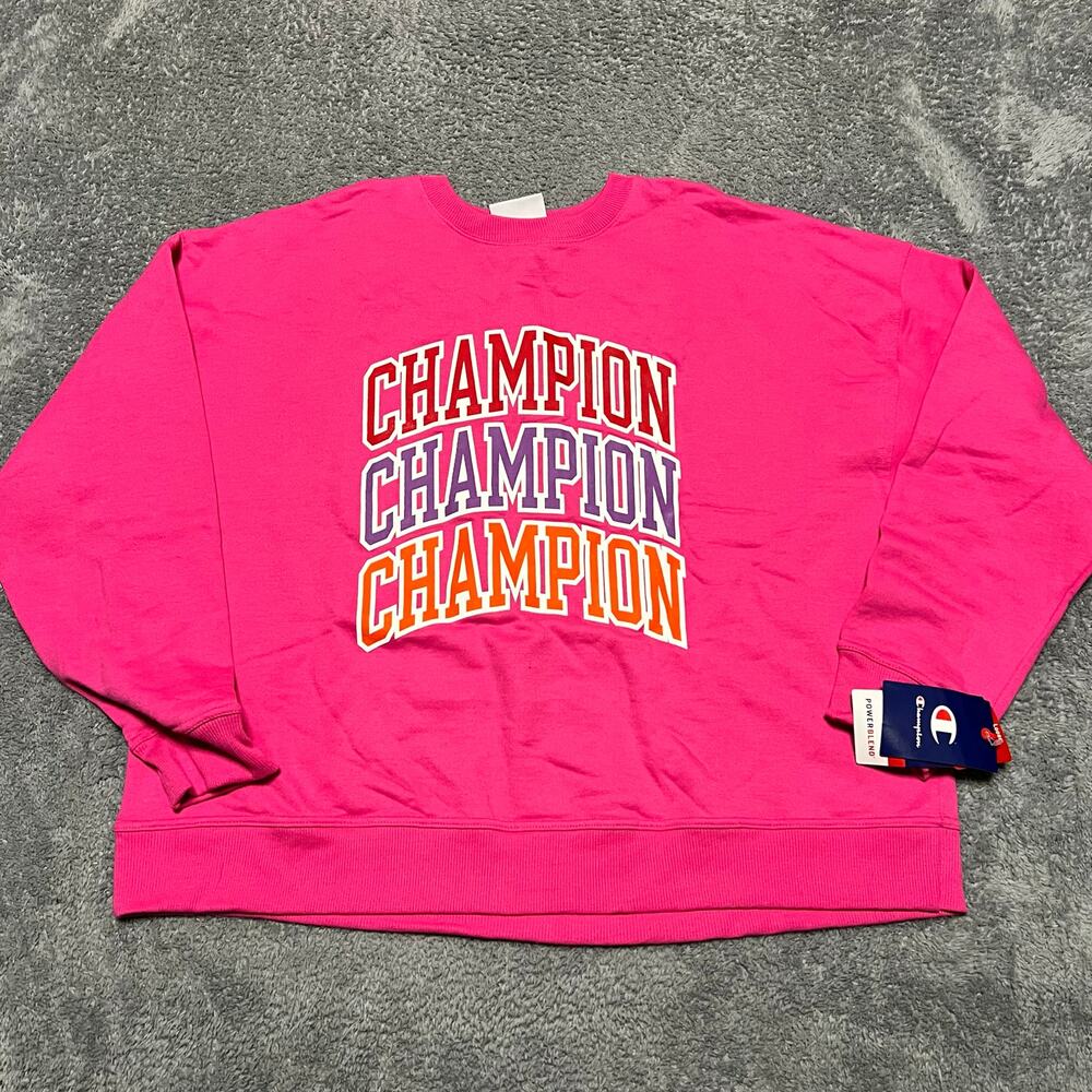 Champion Sweatshirt Womens XL Powerblend Fleece Loose Pink Spellout